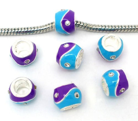Turquoise With Purple Rhinestone Enamel Silver Tone Bead Charm Spacer for Snake Chain Bracelets - Sexy Sparkles Fashion Jewelry - 2