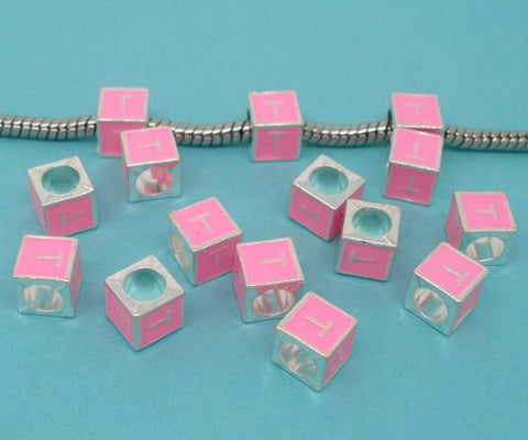 "T" Letter Square Charm Beads Pink Enamel European Bead Compatible for Most European Snake Chain Charm Bracelet - Sexy Sparkles Fashion Jewelry - 2