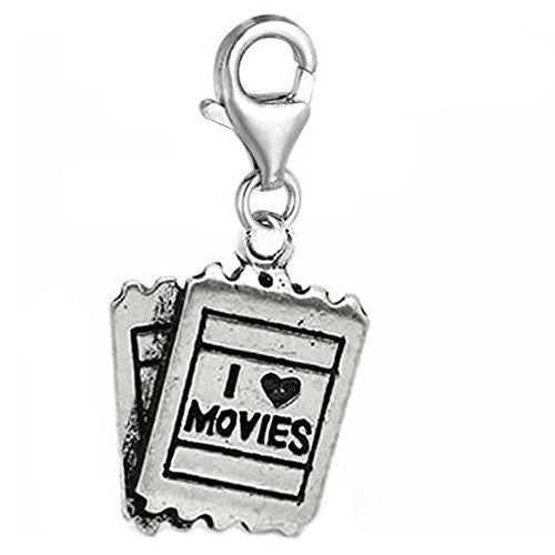 Clip on I Love Movies Dangle Charm Pendant for European Clip on Charm Jewelry w/ Lobster Clasp