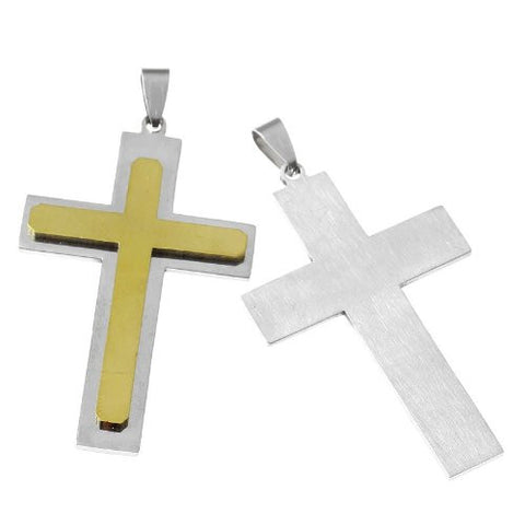 Stainless Steel Charm Pendants Cross Silver Tone & Golden Cross Pattern 6.7cm x 3.6cm - Sexy Sparkles Fashion Jewelry - 3