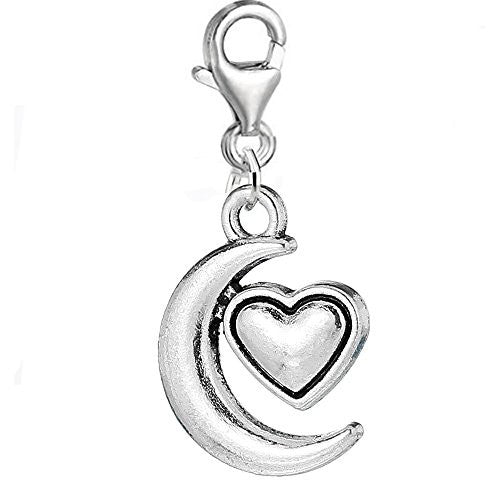 Moon and Heart Love Clip on Pendant for European Charm Jewelry w/ Lobster Clasp