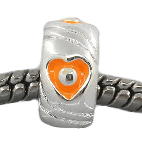 European Charm Beads Silver Plated Heart Carved Enamel Orange