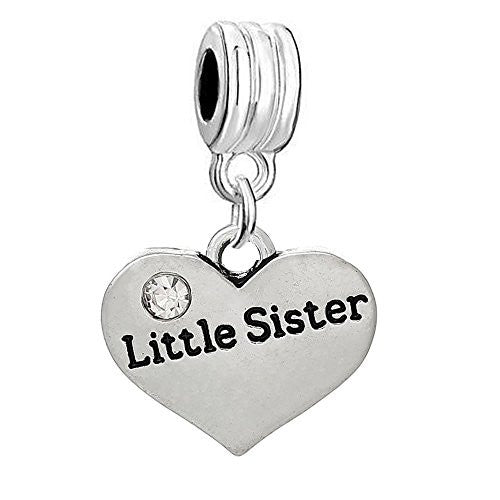 Little Sister Two Sided Heart W/ Clear  Crystal Charm Pendant for Snake Chain Bracelet - Sexy Sparkles Fashion Jewelry