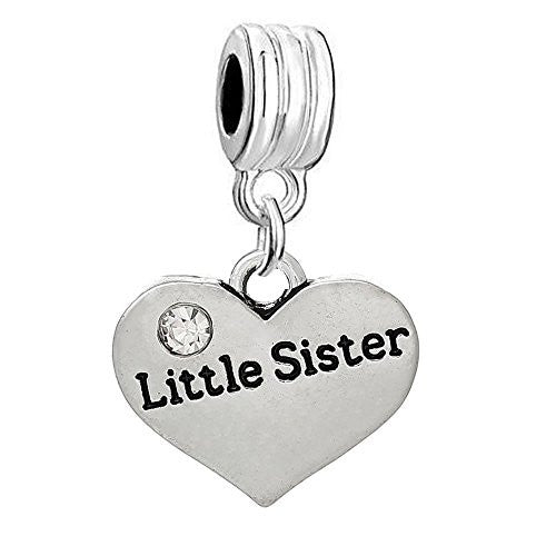 Little Sister Two Sided Heart W/ Clear  Crystal Charm Pendant for Snake Chain Bracelet