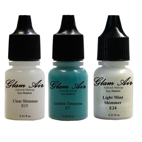Glam Air Set of Three (3) Airbrush Eye Shadow s- Clear Shimmer, Golden Turquoise & Light Mint Shimmer Airbrush Water-based 0.25 Fl. Oz. Bottles of Eyeshadow(E7,E15,E24) - Sexy Sparkles Fashion Jewelry - 1