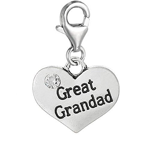 Heart 2 Sided w/ Clear  Crystal Stones Great Grandad Charm Clip On Pendant w/ Lobster Clasp