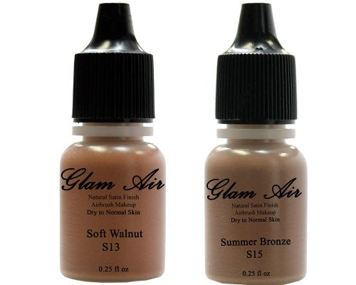 Airbrush Makeup Foundation Satin S13 Soft Walnut and S15 Summer Bronze Water-based Makeup Lasting All Day 0.25 Oz Bottle By Glam Air