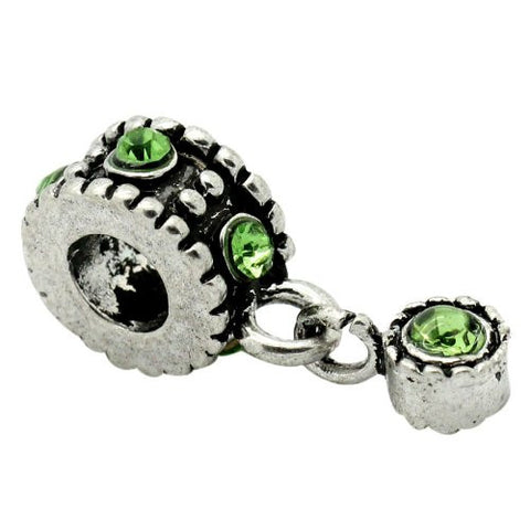 Dangle Bead W/green  Rhinestones August Birthstone European Bead Compatible for Most European Snake Chain Bracelet - Sexy Sparkles Fashion Jewelry - 2