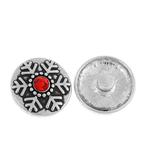 Chunk Snap Buttons Fit Chunk Bracelet Round Antique Silver Red Rhinestone Christmas Snowflake Carved 20mm - Sexy Sparkles Fashion Jewelry - 1