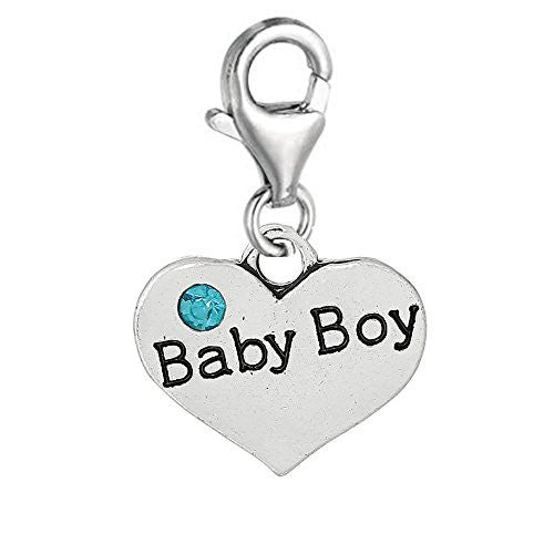 Heart 2 Sided w/ Clear  Crystal Stones Baby Boy Charm Clip On Pendant w/ Lobster Clasp