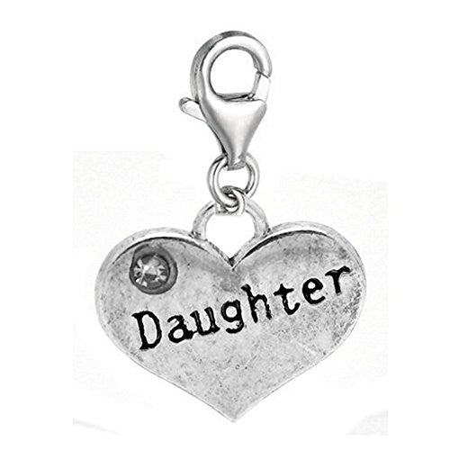 Clip on Daughter Two Sided Heart Charm Pendant for European Jewelry w/ Lobster Clasp