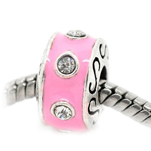Pink Enamel Rhinestone Spacer Bead Compatible with European Snake Chain Charm Bracelets