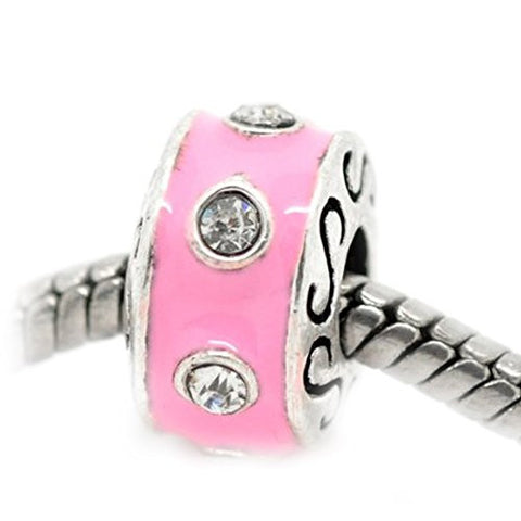Pink Enamel Rhinestone Spacer Bead Compatible with European Snake Chain Charm Bracelets - Sexy Sparkles Fashion Jewelry - 1