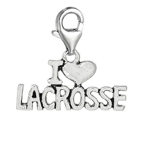 I Love Lacross With Heart Clip On Charm Pendant for European Charm Jewelry w/ Lobster Clasp