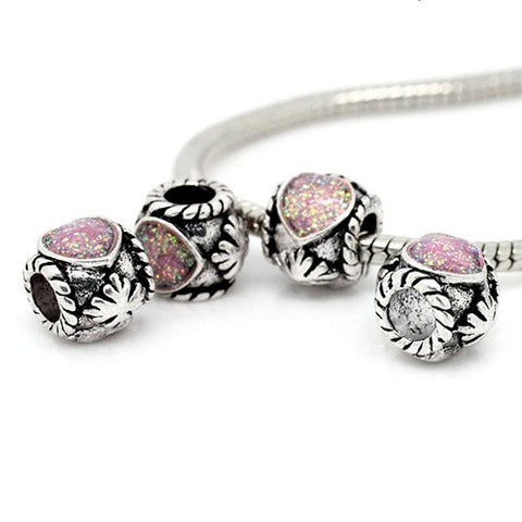 Glitter Pink Heart with Carved Flowers on Charm Charm Compatible with European Snake Chain Charm Bracelet - Sexy Sparkles Fashion Jewelry - 2