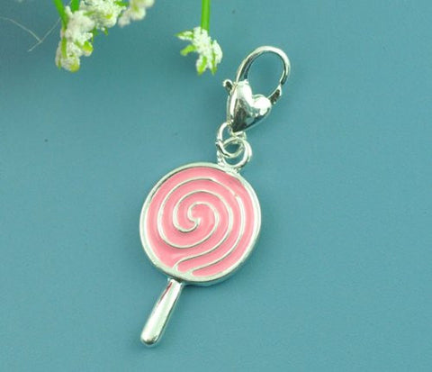 Clip on Lollipop Charm with Pink Enamel Pendant for European Jewelry w/ Lobster Clasp - Sexy Sparkles Fashion Jewelry - 2
