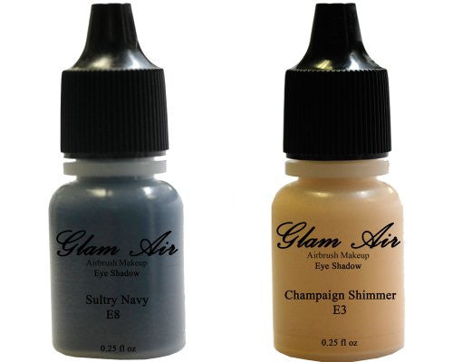 Glam Air Set of Two (2) s- E3Champaign Shimmer & E8sultry Navy Airbrush Water-based 0.25 Fl. Oz. Bottles of Eyeshadow Sultry Navy & Champaign Shimmer