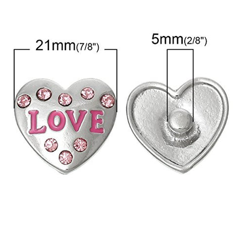 Chunk Snap Jewelry Button Heart Silver Tone Fit Chunk Bracelet Pink Rhinestone "Love" Pattern - Sexy Sparkles Fashion Jewelry - 2
