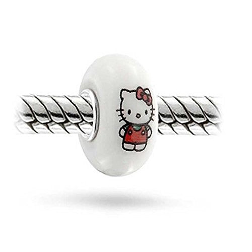 Hello Kitty on White Glass Charm European Bead Compatible for Most European Snake Chain Bracelet - Sexy Sparkles Fashion Jewelry - 1