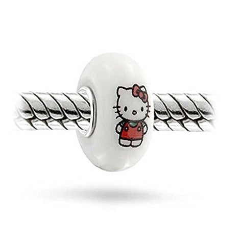 Hello Kitty on White Glass Charm European Bead Compatible for Most European Snake Chain Bracelet - Sexy Sparkles Fashion Jewelry - 1