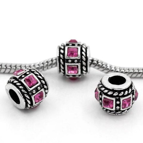 Hot Pink Square Design Created Birthstone Charm Beads for Snake Chain Bracelets - Sexy Sparkles Fashion Jewelry - 3