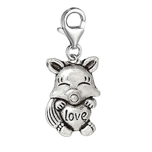 Fox With Love Heart Clip On Charm Pendant for European Charm Jewelry w/ Lobster Clasp - Sexy Sparkles Fashion Jewelry