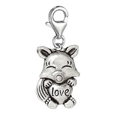 Fox With Love Heart Clip On Charm Pendant for European Charm Jewelry w/ Lobster Clasp