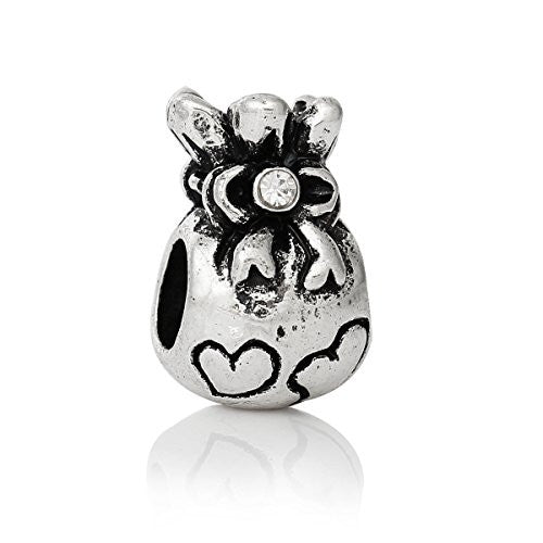 Money Bag w/ Hearts and Clear Crystals European Bead Compatible for Most European Snake Chain Bracelet - Sexy Sparkles Fashion Jewelry - 1