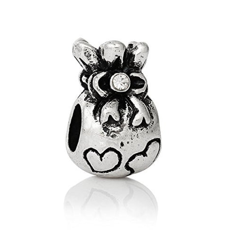 Money Bag w/ Hearts and Clear Crystals European Bead Compatible for Most European Snake Chain Bracelet - Sexy Sparkles Fashion Jewelry - 1