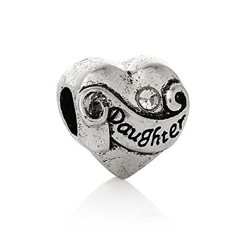 I Love You Daughter Heart w/ Clear Crystals Charm Bead for Snake Chain Charms Bracelet - Sexy Sparkles Fashion Jewelry - 1