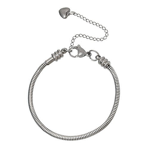 7.2" European Style Stainless Steel Snake Chain Charm Bracelet with Heart Lobster Clasp