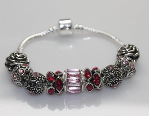 8.5" October Birthday Birthstone  Pink Girly Snake Chain Charm Bracelet - Sexy Sparkles Fashion Jewelry - 2