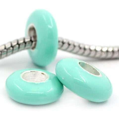 European Charm Beads Flat Round Silver Plated Enamel Light Green - Sexy Sparkles Fashion Jewelry - 3