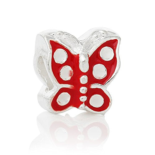 Red Enamel Mother's Day Butterfly European Bead Compatible for Most European Snake Chain Bracelet