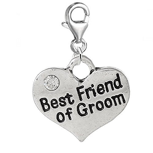 Clip on Wedding Best Friend of Groom Heart w/ Clear  Crystals Charm Pendant for European Clip on Jewelry w/ Lobster Clasp - Sexy Sparkles Fashion Jewelry
