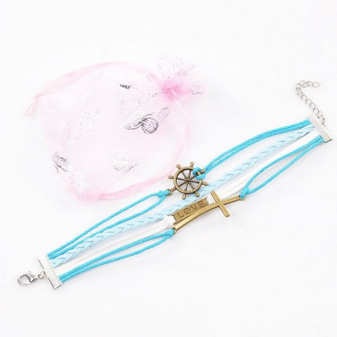 Wax Rope Braiding Bracelet Mixed Antique Bronze Cross & Rudder & Rectangle "Love" Findings 20cm(7 7/8") long - Sexy Sparkles Fashion Jewelry - 3