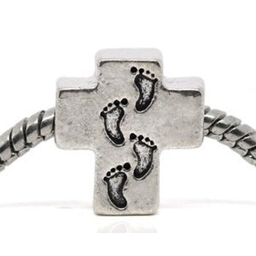 Foot Print Cross Charm European Bead Compatible for Most European Snake Chain Bracelet