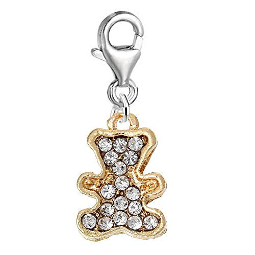 Gold Tone Bear/ Clear Rhinestones Clip on Charm Pendant for European Charm Jewelry w/ Lobster Clasp - Sexy Sparkles Fashion Jewelry