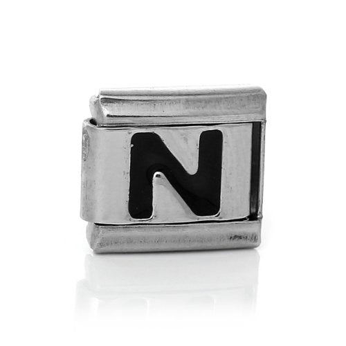 Italian Charm Bracelet Link Square Silver Tone Alphabet Letter (N)