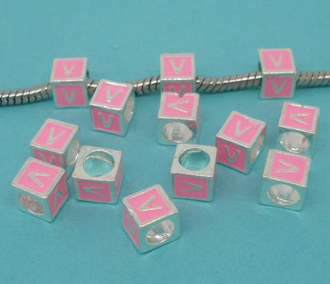 "V" Letter Square Charm Beads Pink Enamel European Bead Compatible for Most European Snake Chain Charm Bracelets - Sexy Sparkles Fashion Jewelry - 2