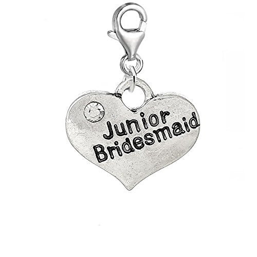 Clip on Wedding Junior Bridesmaid Heart w/ Clear  Crystals Charm Pendant for European Clip on Jewelry w/ Lobster Clasp