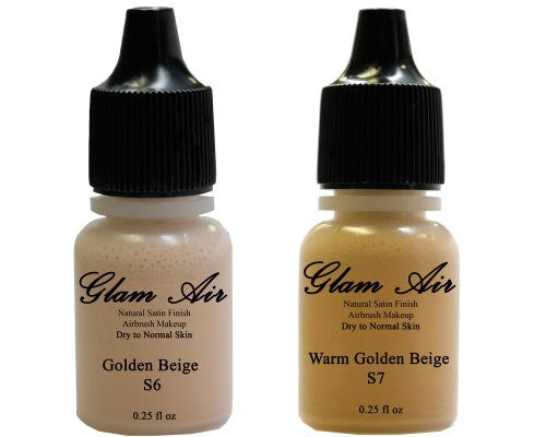 Set of Two (2) Glam Air Airbrush Foundation Makeup S6 Warm Golden Beige & S7 Summer Tan in Satin Finish 0.25oz Bottles(normal to Dry Skin)