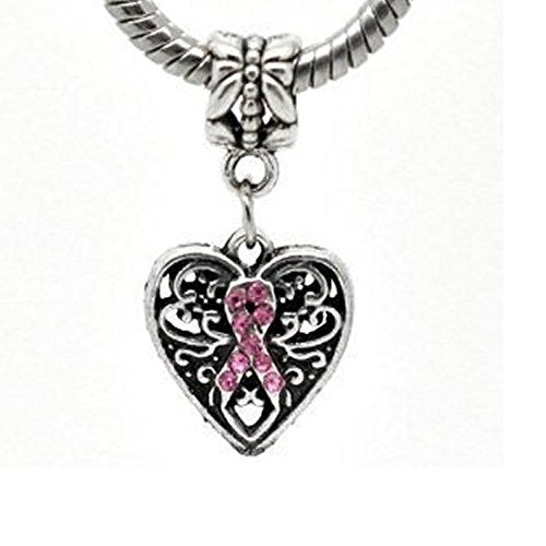 Silver Tone Bead Charm, Breast Cancer Awareness Dangle for Snake Chain Charm Bracelet