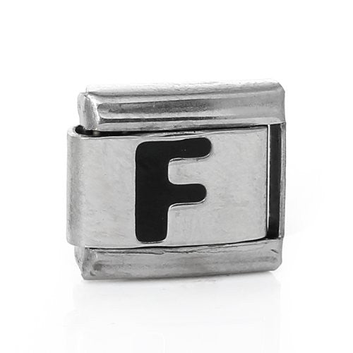 Italian Charm Bracelet Link Square Silver Tone Alphabet Letter (F)