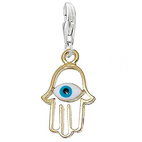 Hamsa Symbol Hand Gold Tone Blue Evil Eye Pattern Clip on Pendant Charm for Bracelet or Necklace - Sexy Sparkles Fashion Jewelry
