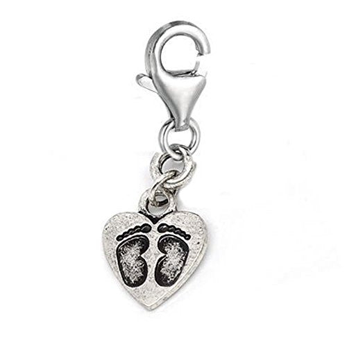 Clip on Heart with Baby Footprints Charm Pendant for European Jewelry w/ Lobster Clasp - Sexy Sparkles Fashion Jewelry