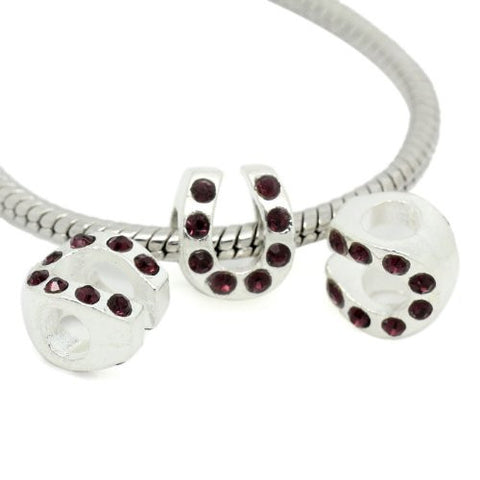 Horseshoe Good Luck Charm w/ Dark Purple Stones Spacer Charm Bead for Most European Snake Chain Bracelet - Sexy Sparkles Fashion Jewelry - 2