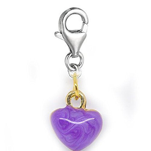 Clip-on Purple Heart Charm Pendant for European Clip on Charm Jewelry w/ Lobster Clasp