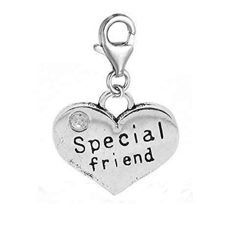 Heart 2 Sided w/ Clear  Crystal Stones Special Friend Charm Clip On Pendant w/ Lobster Clasp