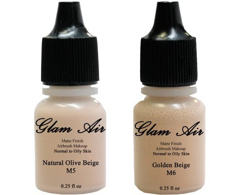 (2)Two Glam Air Airbrush Makeup Foundations M5 Natural Olive Beige & M6 Golden Beige for Flawless Looking Skin Matte Finish For Normal to Oily Skin (Water Based)0.25oz Bottles(Medium Skin Tone)